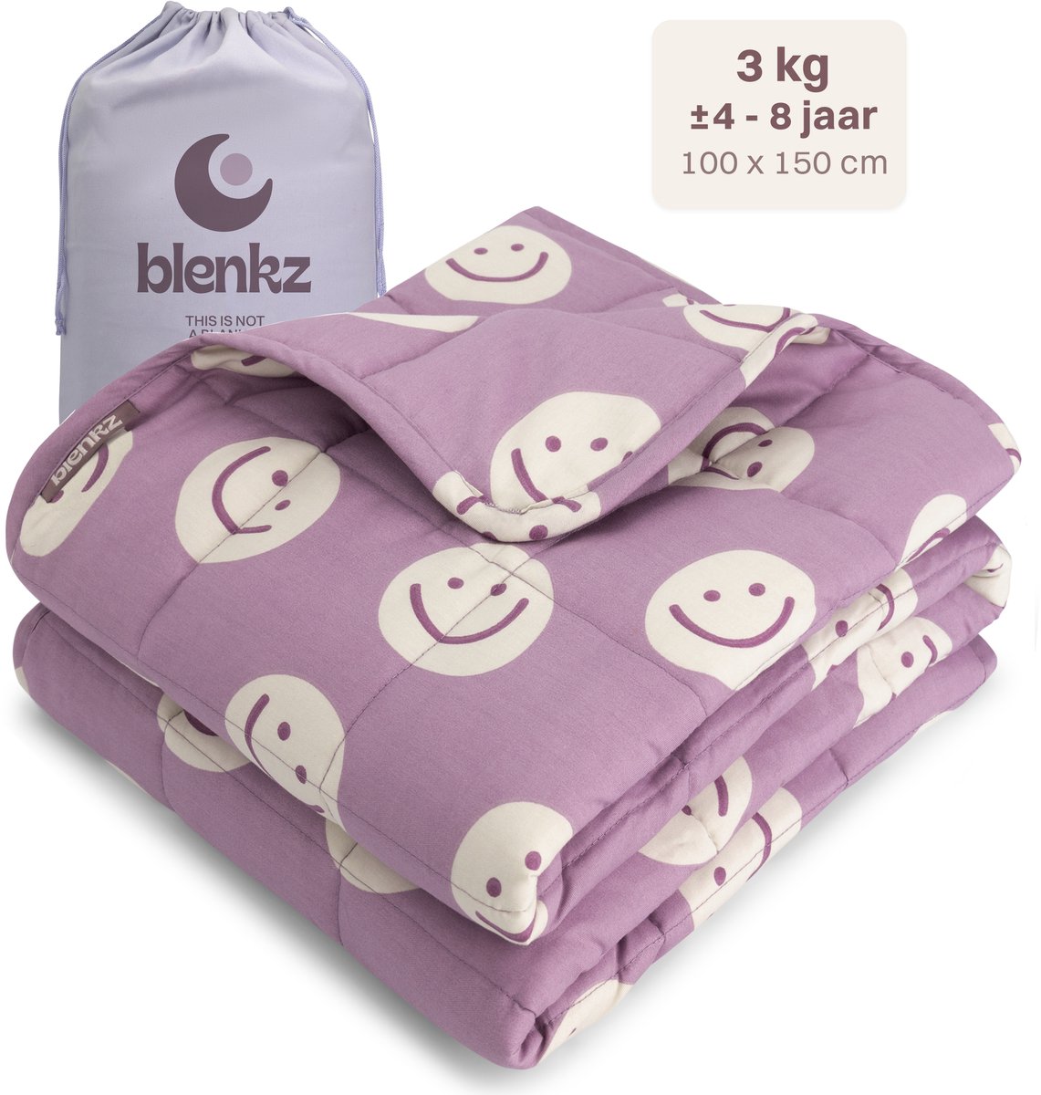 BLENKZ – Verzwaringsdeken Kind 3 kg – 100×150 cm – Kinderformaat – Voor kinderen van ±4–8 jaar – Smile Plum – Zwaartedeken
