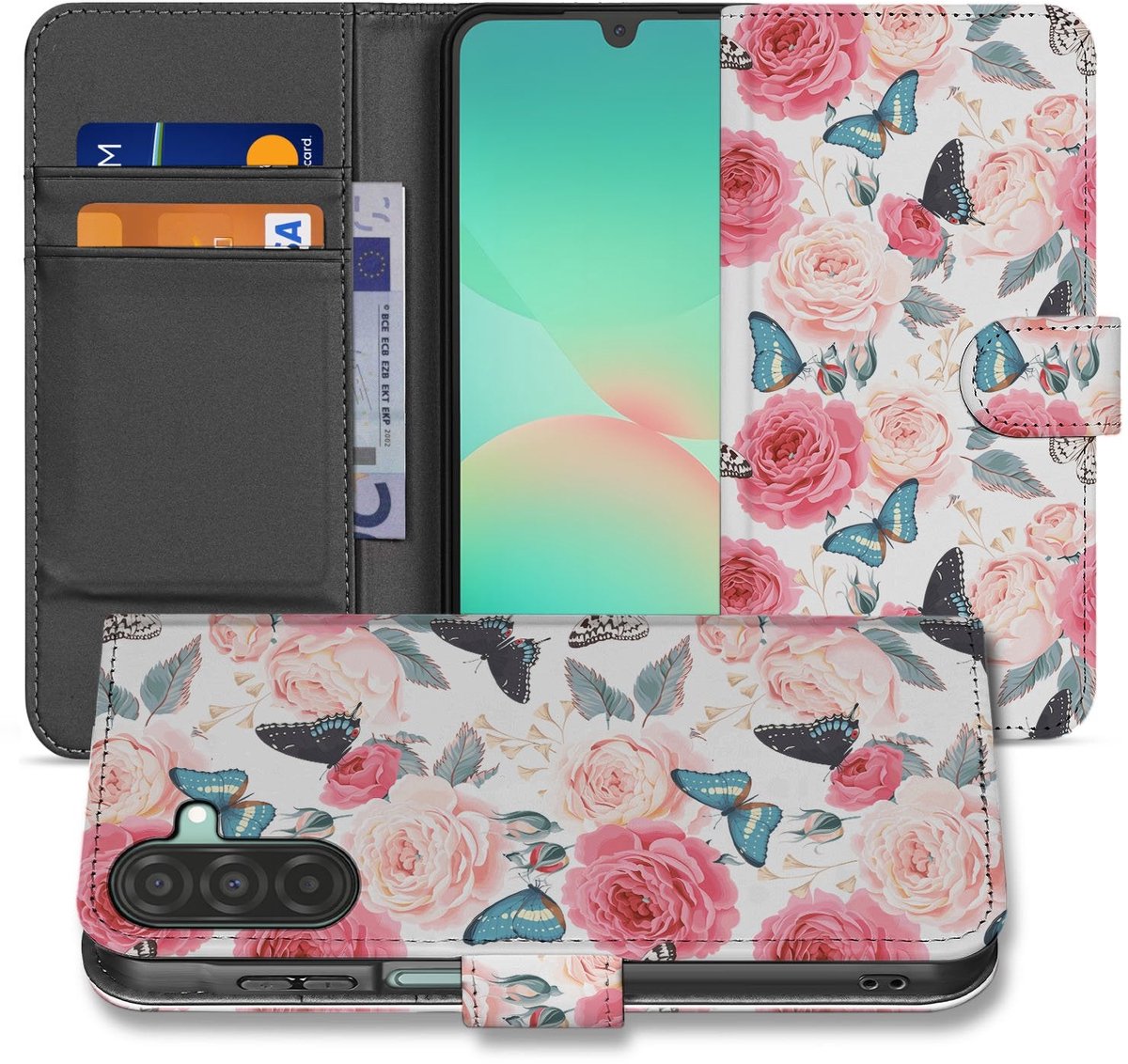 Samsung Galaxy A17 Bookcase Hoesje Roze Butterfly Roses Met Pasjes