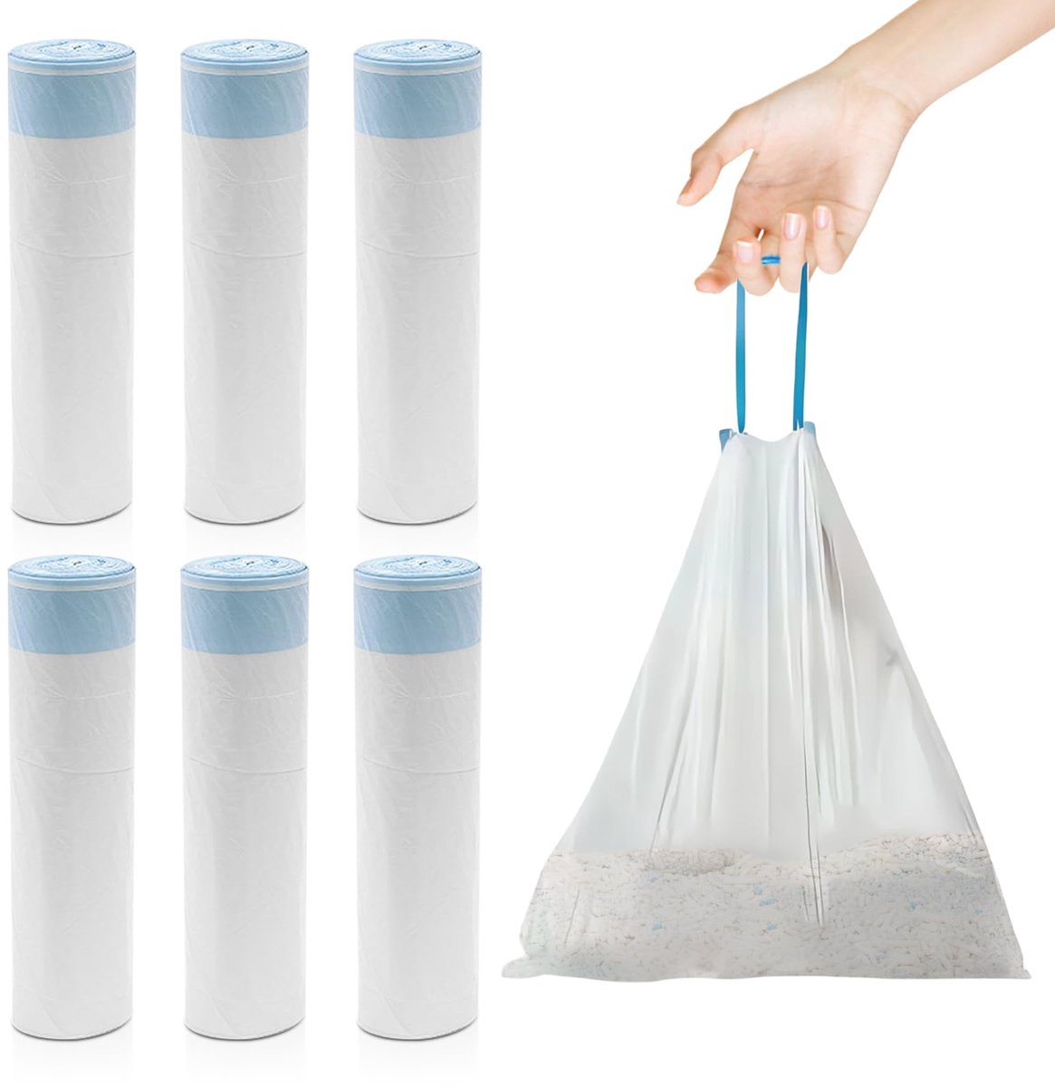 90 stuks vuilniszakken met handvat: zelfreinigend kattentoilet, 45 x 50 cm, duurzame trekkoordzakken, 6 rollen