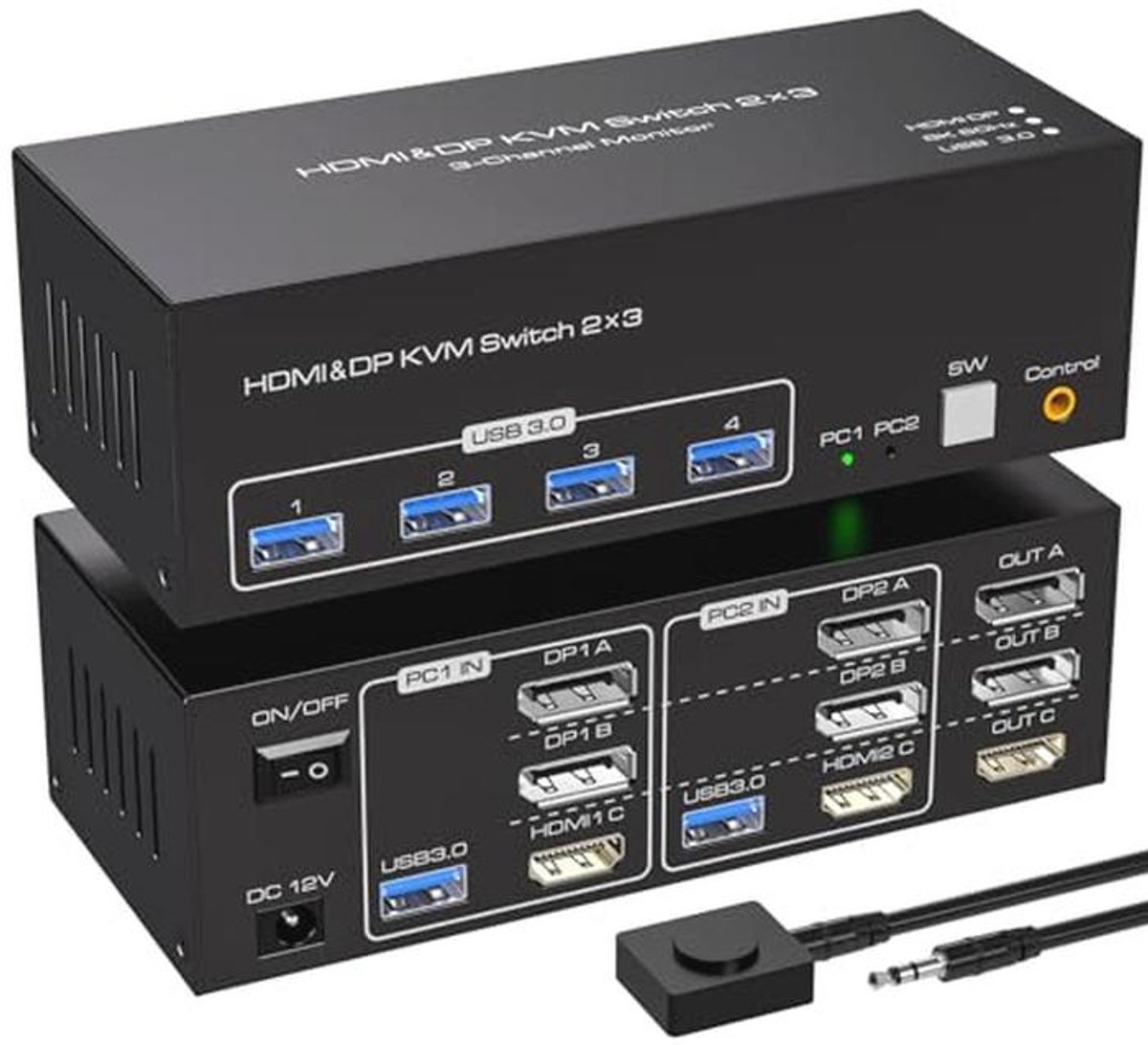 KVM Switch voor 2 Computers en 3 Monitoren met 8K en 4 USB 3.0 Poorten