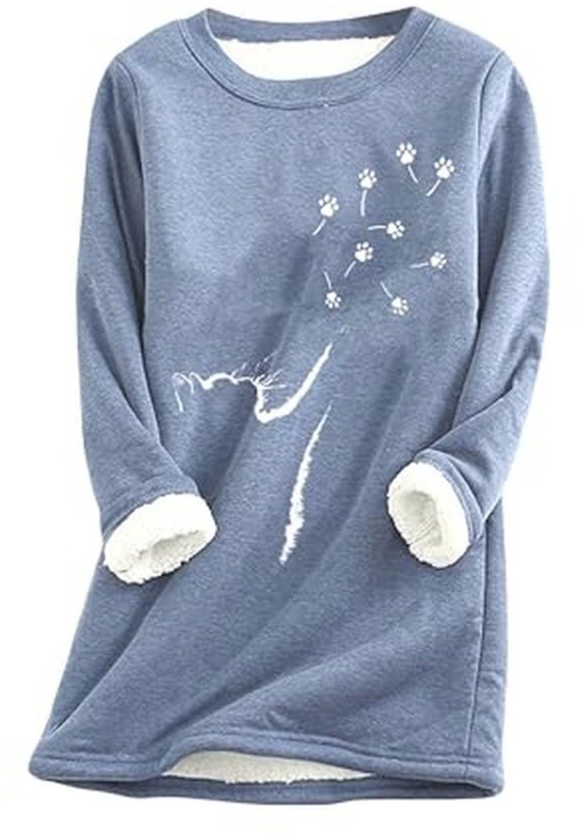 Dames Fleece Wintertrui met Kattenpatroon - Casual Sweater met Ronde Hals