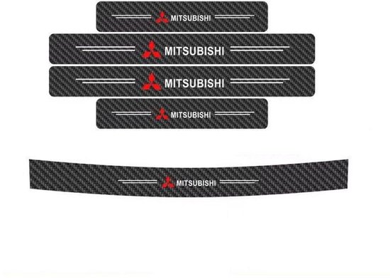 Zes zwarte koolstofvezel strips met Mitsubishi logo
