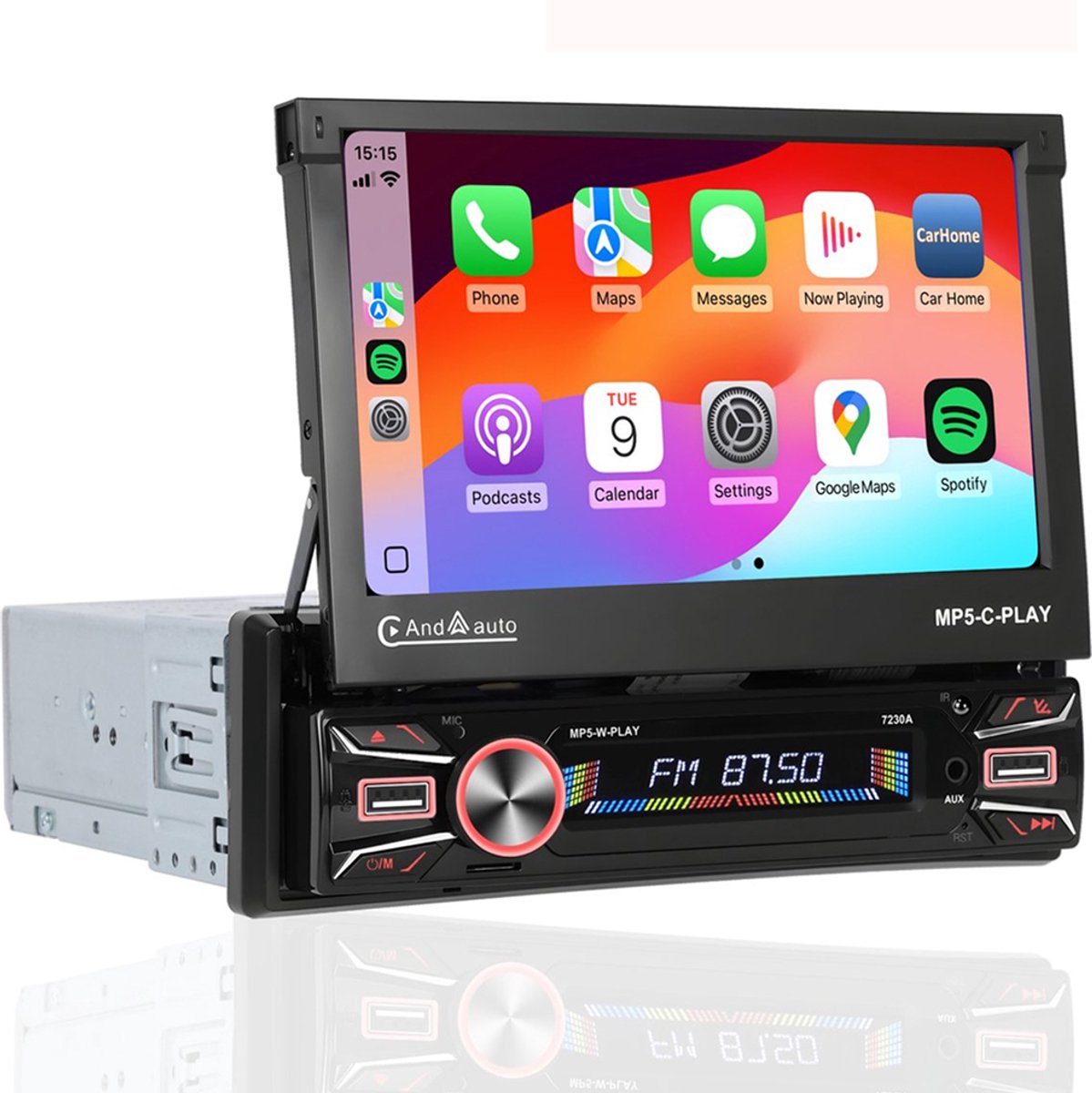 Boscer 1Din Autoradio - Android 15 - Apple Carplay & Android Auto (Draadloos) - 2+64GB - 7 Inch IPS HD Gemotoriseerd klapscherm - Navigatiesysteem - Bluetooth, Aux, USB, MP5 - GPS - WIFI - Achteruitrijcamera & Microfoon