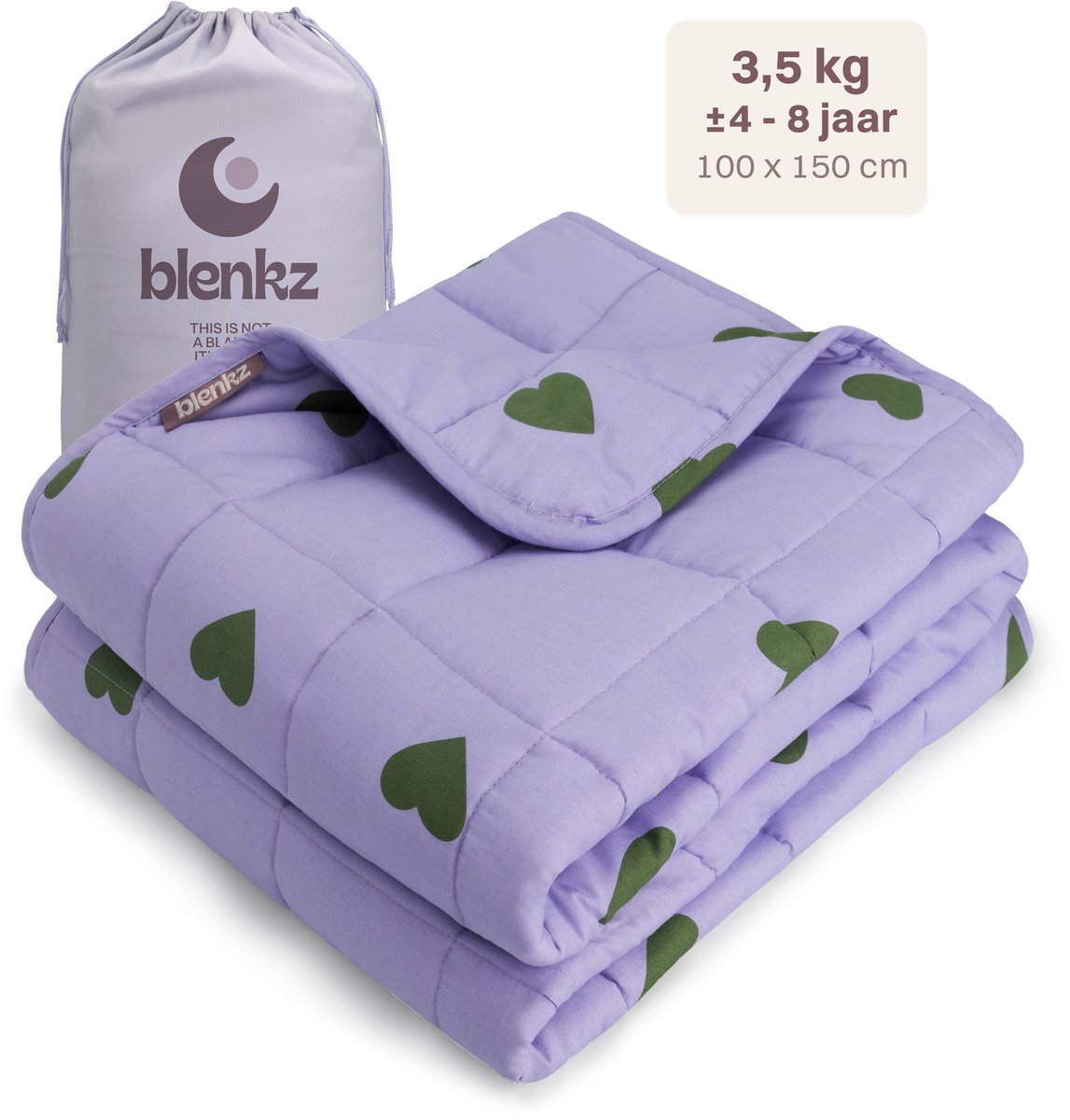 BLENKZ – Verzwaringsdeken Kind 3,5 kg – 100×150 cm – Kinderformaat – Voor kinderen van ±4–8 jaar – Hartjes Paars Groen – Zwaartedeken