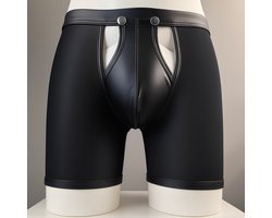 Heren Boxer met Lange Pijpen en Open Kruis - Mesh / PU Leder - Zwart - Maat M | LS067