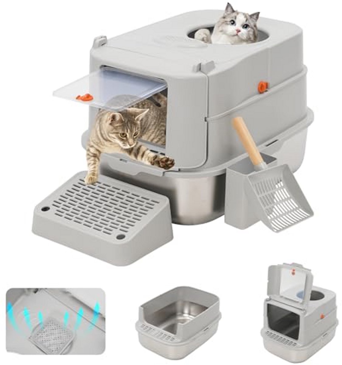 Kattenbak met Deksel en Opstaptrede, Gemaakt van Roestvrij Staal en Ideaal voor Grote Katten