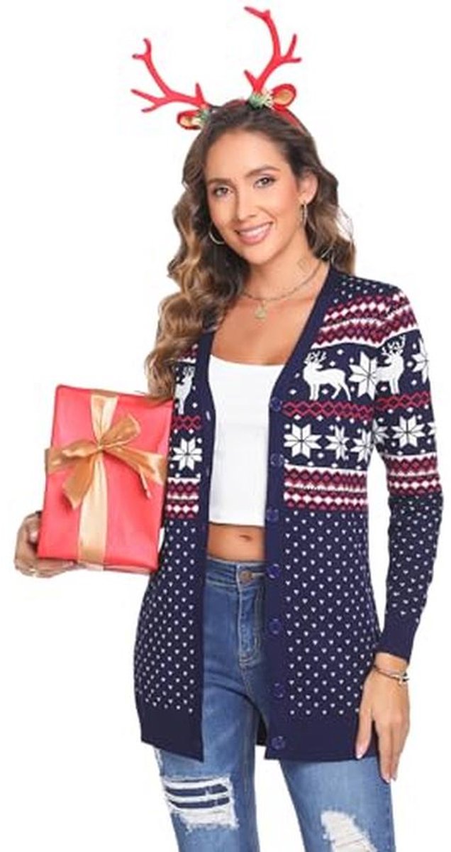 iClosam Gebreid kerstvest voor dames, met V-hals, met knoop, rendierpatroon, lange gebreide kersttrui, lange mouwen, met sneeuwvlokkenpatroon, b-Blauw, L
