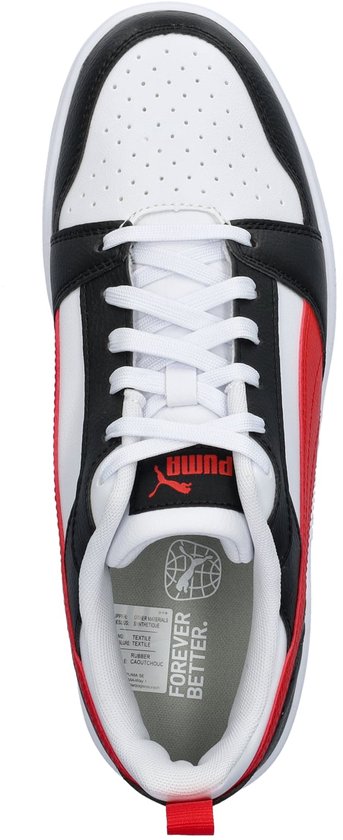 Bovenaanzicht van de Puma Rebound V6 sneaker, wit-zwart-rood design.