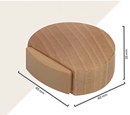 Ronde houten deurstopper met beige rubberen grip. Afmetingen 45x42x16 mm.