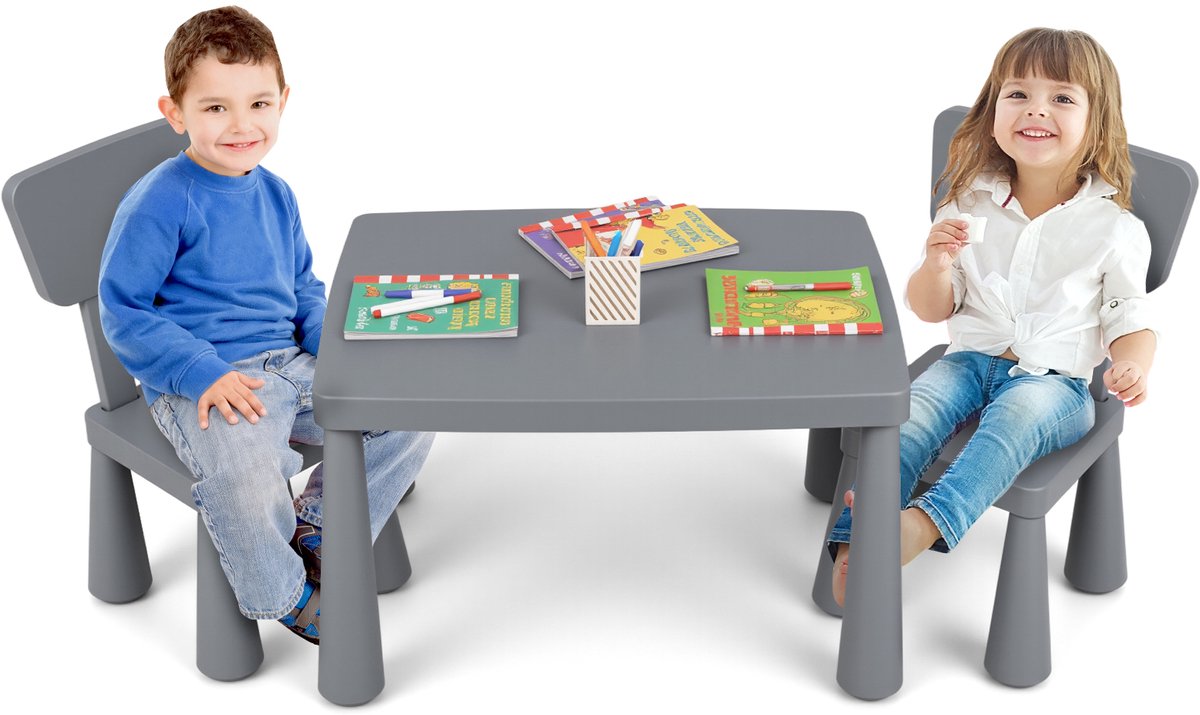 COSTWAY 3-delig kinderzitgroep, kindertafel met 2 stoelen, kindermeubels van kunststof, kinderplacemat voor kleuterschool, kinderkamer (grijs)