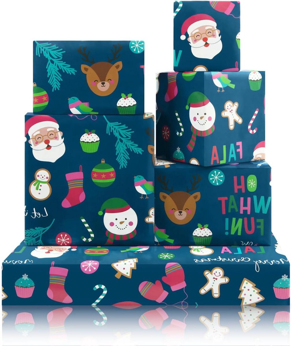 Cosensi - Kerst inpakpapier met 6 vellen voor mannen, vrouwen en kinderen - Kerstman, sneeuwpop, rendier, peperkoek - Geschikt voor kerstdecoratie en feestjes