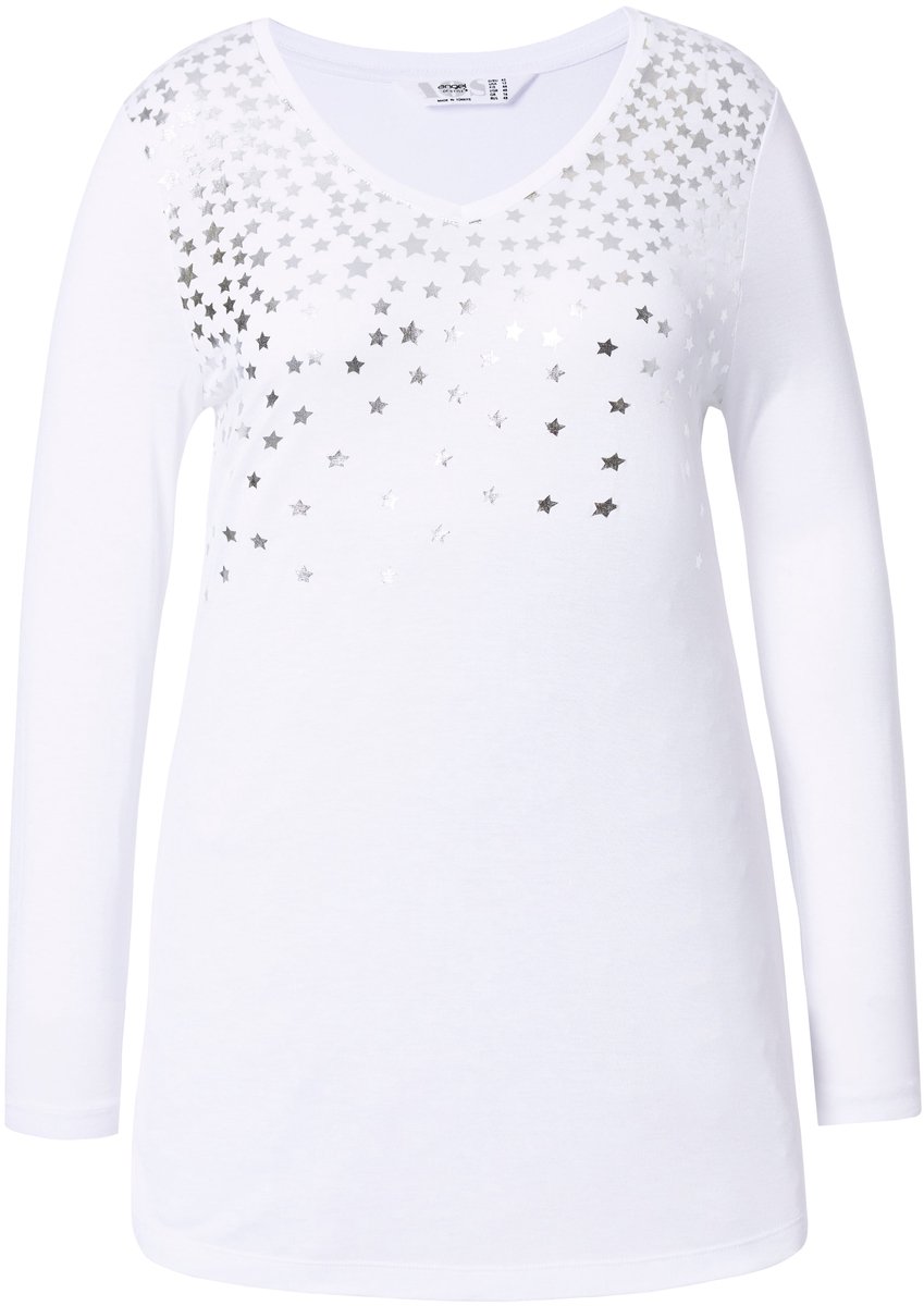 Angel of Style - Dames - T-shirt A-lijn zilverkleurige sterrenprint lange mouwen - Sneeuwwit - Maat 46