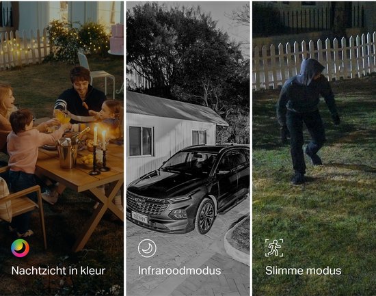 Mozaïek van drie beelden: een gezin aan tafel, een auto bij nacht, en een persoon in een tuin.