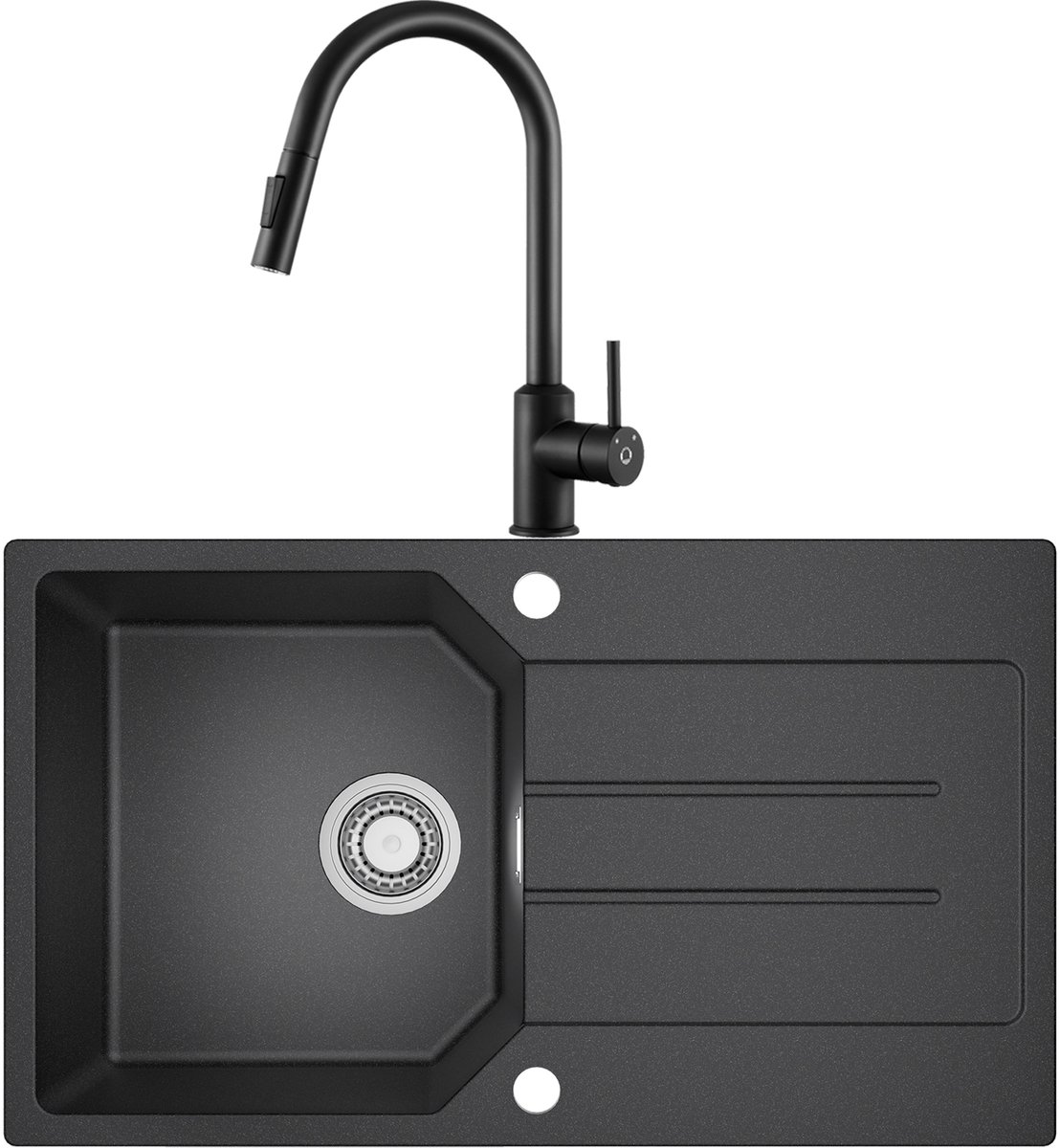 ANYCEE MAX Granieten Spoelbakken 78 x 45 cm - Spoelbakken Keuken Met Keukenkraan - Spoelbak Keuken Met Snijplank en Waterafvoersysteem - Zwart