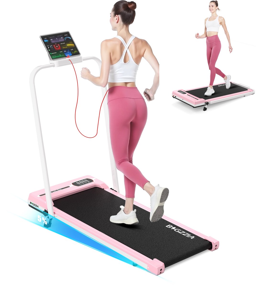 BIGZZIA 3-in-1 opvouwbare loopband met armleuningen - Inklapbaar loopband Elektrisch - 5% helling - 1-8 km/u - 2,5 pk motor - afstandsbediening - LED-scherm - 130 kg draagvermogen - Geluid<45db - Roze