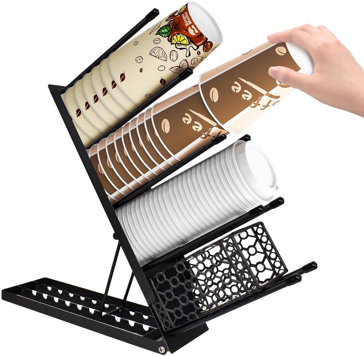 Stunq® Verstelbare Koffiebekerhouder - 4 Vakken, Zwart Kopjesrek met Rietsopslag, Organisatie voor Werkblad, Café & Kantoor