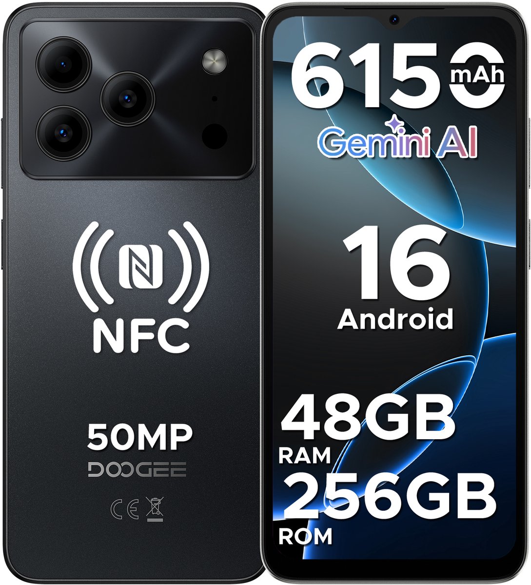 DOOGEE Note 56 Plus - Smartphone - Telefoon - 48 GB RAM+ 256 GB ROM (2TB/TF) - 50 MP camera - 6150 mAh/18W - 6.56 inch 90Hz - Gemini AI - Widevine L1 - NFC - Face ID - Vingerafdruk - GPS - Zwart