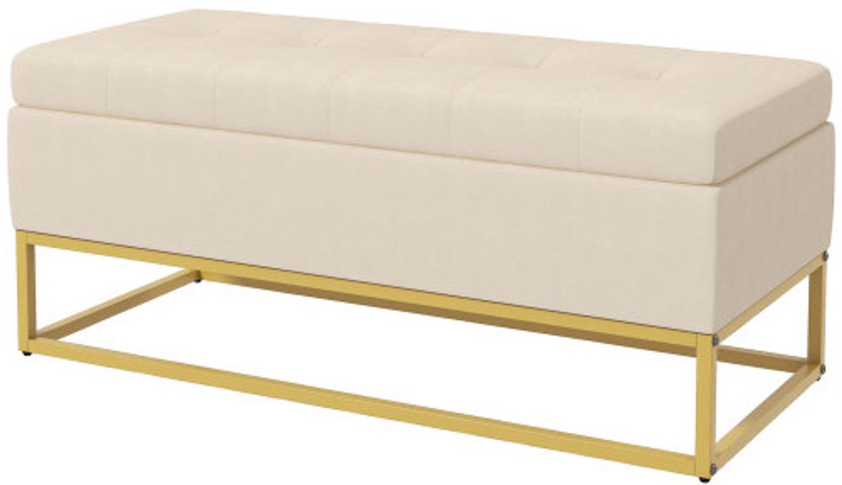 Bankje 110 x 44 x 49 cm, beige, staal, opbergbank, bankje, voeteneinde bank, schoenenwisselbank, met opbergruimte, zacht en comfortabel, geschikt voor slaapkamer, woonkamer en hal.
