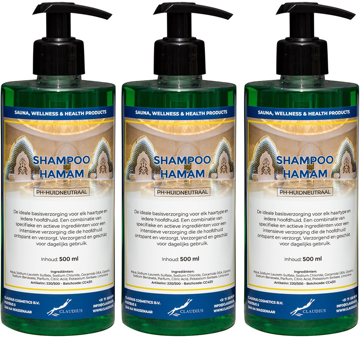 Shampoo Hamam 500 ml met 3 zwarte pompen - set van 3 stuks - voordeelverpakking - haarverzorging