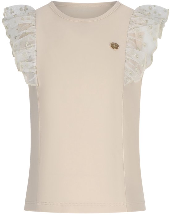 Zandkleurig T-shirt met opgestreken hartje op de borst en doorschijnende ruches aan de mouwen, versierd met goudkleurige stipjes.