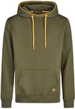 Donkergroene hoodie met gele accenten, van voren gezien.