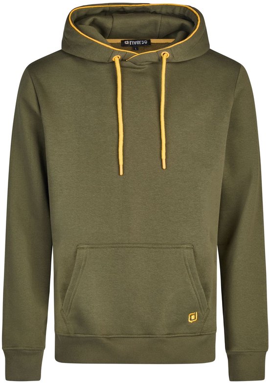 Donkergroene hoodie met gele accenten, van voren gezien.
