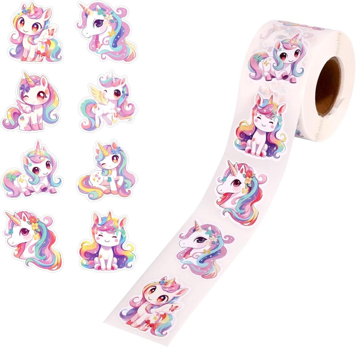 Unicorn Stickers Rol - 500 stuks voor DIY Craft Projecten - Schattige Cartoon Ontwerpen - Zelfklevende Decals voor Waterflessen, Laptop, Bagage - Plakboek en Envelopzegels - Beloningen en Feestgunsten - 8 Verschillende Designs