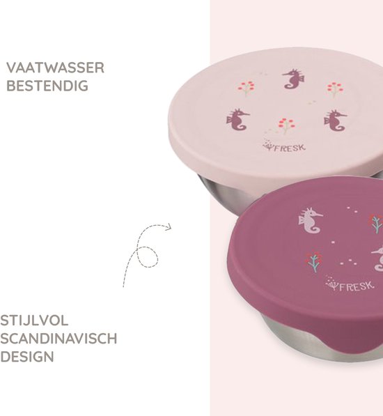 Twee roestvrijstalen bakjes met deksels. Dekselkleuren: lichtroze en paars, beide met een schattige zeepaardjesprint.