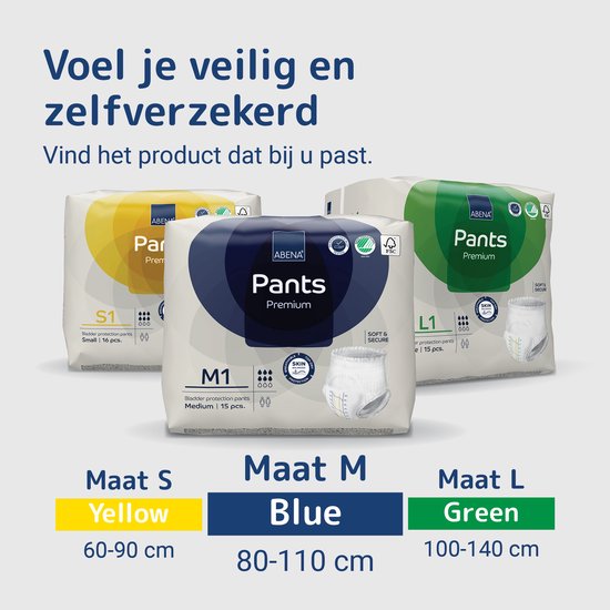 ABENA Pants Premium M1 - 15x Absorberend Broekje, te Dragen als Gewoon Ondergoed - Voor het Verlies van Flinke Scheuten Urine en (Dunne) Ontlasting - Heupomvang 80-110 cm - Absorptie 1400 ml