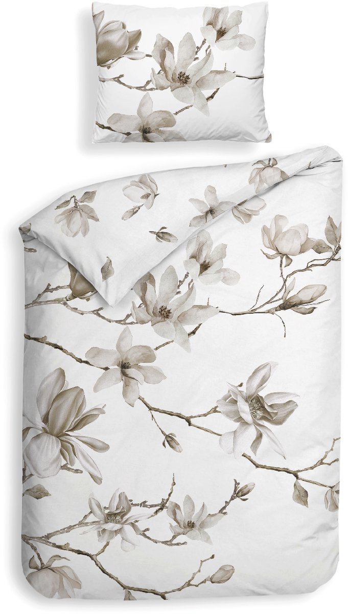 Heckettlane Dekbedovertrek Rio - Bedlinnen met Bloemen print - 140x200-220 cm - Wit - Dekbedovertrek van 100% Katoen-Clip Sheared White