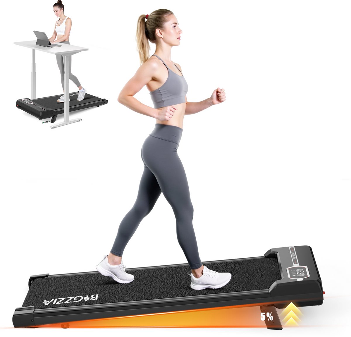 BIGZZIA 3-in-1 opvouwbare loopband - elektrisch loopkussen - 5% helling - 1-8 km/u - 2,5 pk motor - afstandsbediening - LED-scherm - 130 kg draagvermogen - Geluid<45db - Zwart