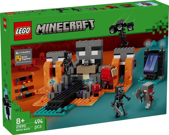Boîte de set LEGO Minecraft Wither Battle avec Wither, squelettes, figurines et blocs de construction orange et gris.