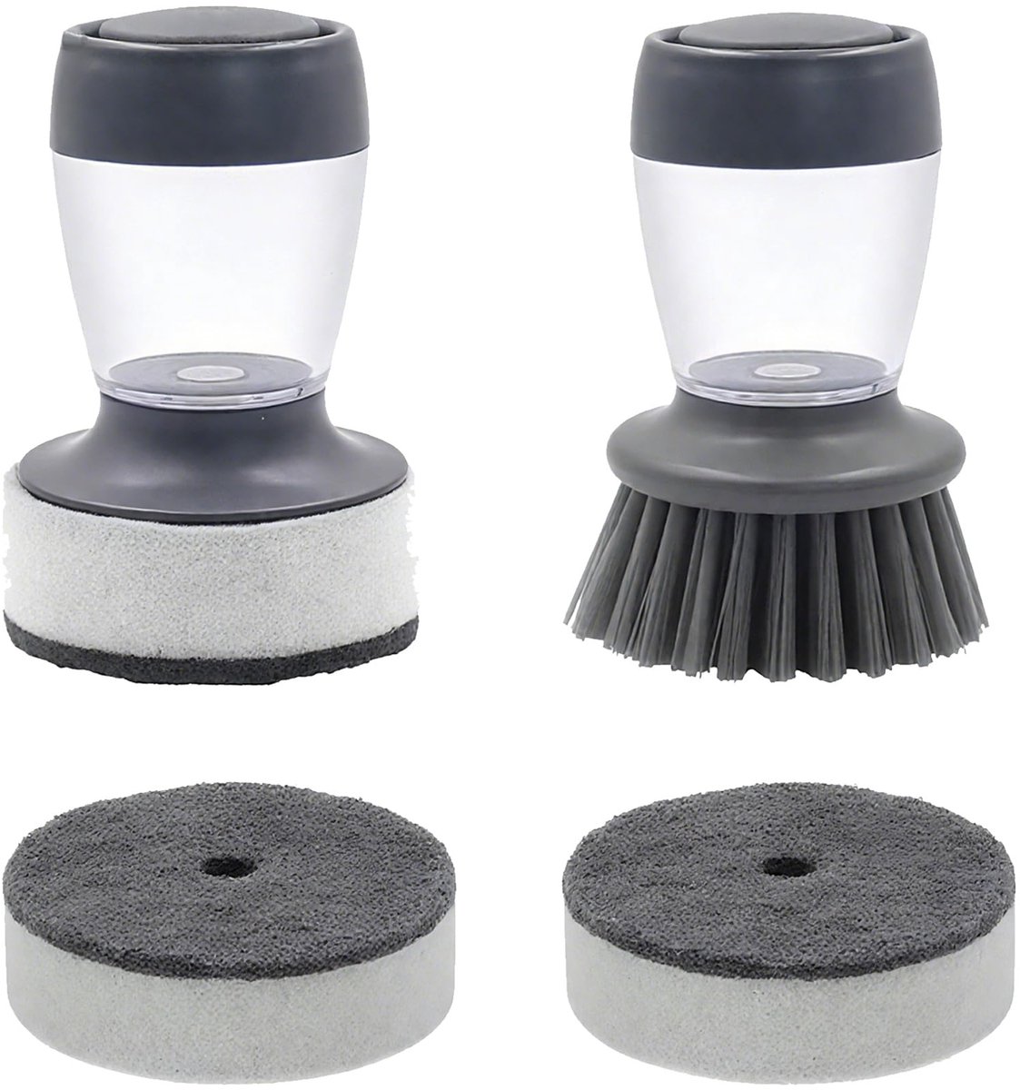 Unyqoos® Set van 2 multifunctionele afwasborstels met drukfunctie en reservesponzen