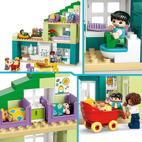 Collage de maisons Duplo dans différentes configurations et détails, comme des lits et des toilettes.