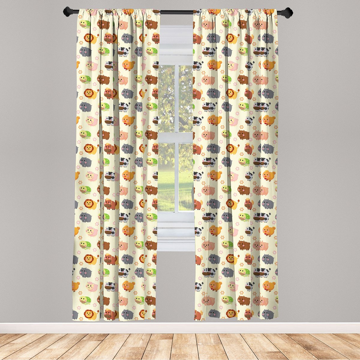ABAKUHAUS Kindergordijnen – 2x75x175 cm – dierenprint crème meerkleurig
