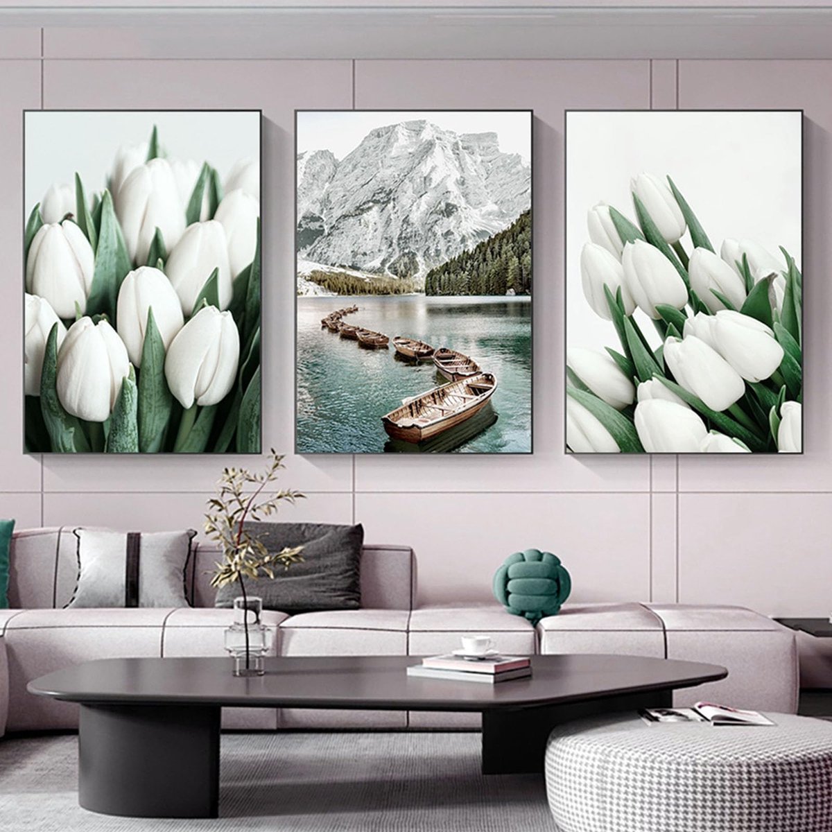 Unyqoos Set van drie moderne tulpenposters zonder lijst voor slaapkamerdecoratie groen