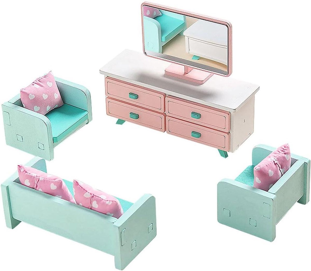Cosensi - Mini Meubels En Accessoires Woonkamer Set Van Hout - Tafel, TV, Fauteuils