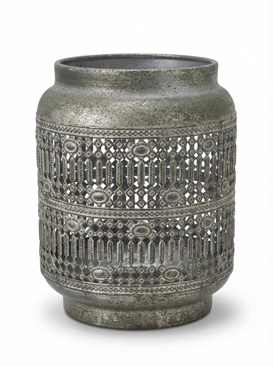 Cosy @ Home Marrakesh Antique Windlicht – Metaal – 15×15×19 cm – Antique Zilver – Oosters Design – Voor Theelicht & Kaars