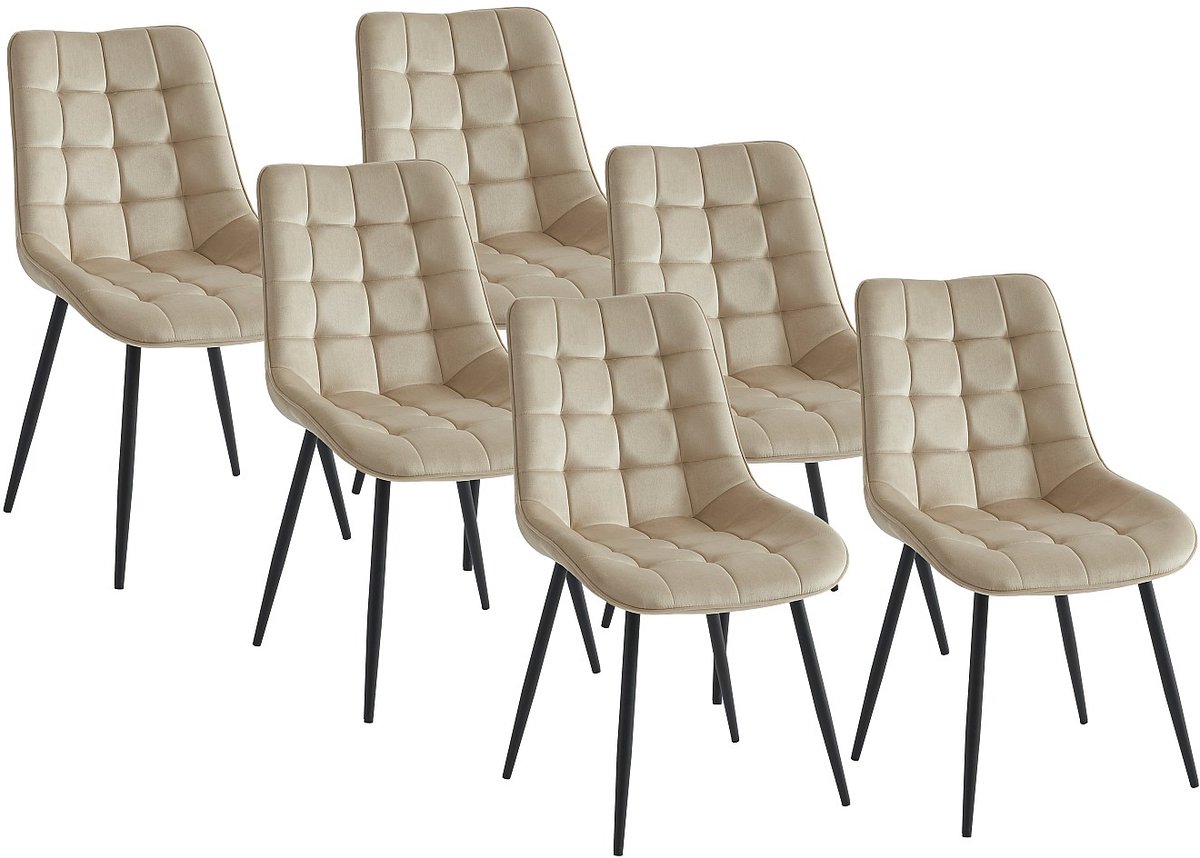 Vente-unique Set van 6 gewatteerde stoelen - Fluweel en zwart metaal - Beige - OLLUA