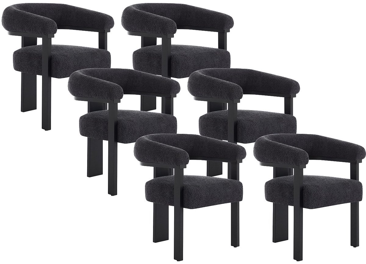 Vente-unique Set van 6 stoelen met armleuningen van boucléstof en zwart rubberhout - Donker antraciet - LIVELIA Antracietgrijs