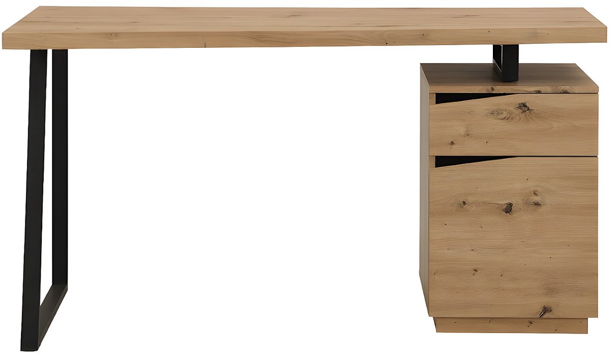 Vente-unique Bureau GOTAMA - 1 lade en 1 deur - Mdf en staal - Eikenkleur en zwart