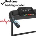 Close-up van het display van de loopband met hartslagmonitor en bedieningsknoppen.