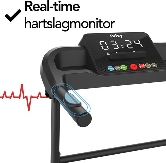 Close-up van het display van de loopband met hartslagmonitor en bedieningsknoppen.