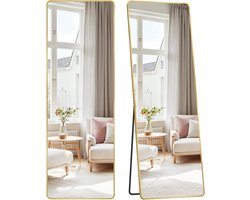 SONGMICS Grote spiegel, 160 x 50 cm, rechthoekige staande spiegel, aluminium frame, gehard glas, voor slaapkamer, woonkamer, garderobe, lichtgoud LFM030A01