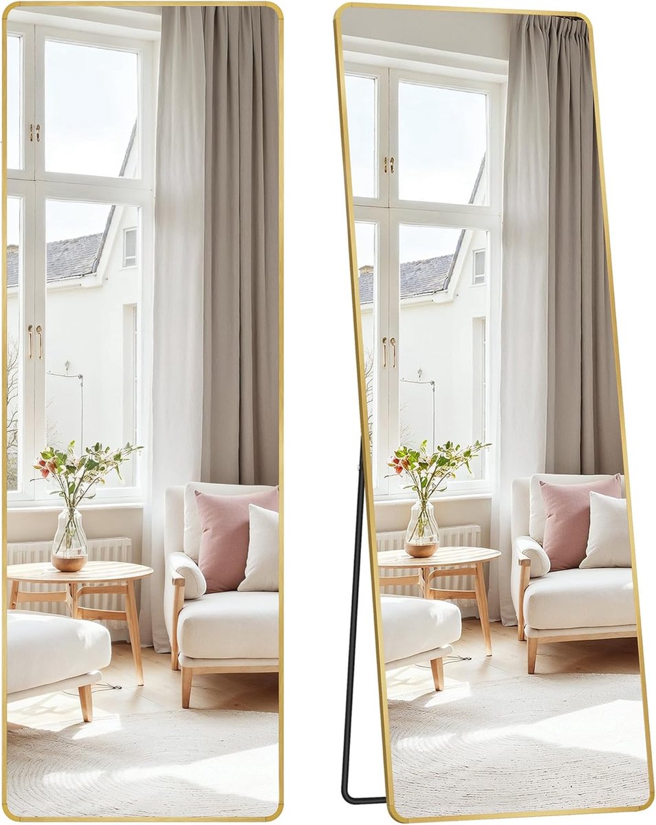 SONGMICS Grote spiegel, 160 x 50 cm, rechthoekige staande spiegel, aluminium frame, gehard glas, voor slaapkamer, woonkamer, garderobe, lichtgoud LFM030A01