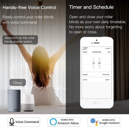 Vrouw strekt armen uit, spreekt commando in, naast slimme speakers en smartphone met planner.