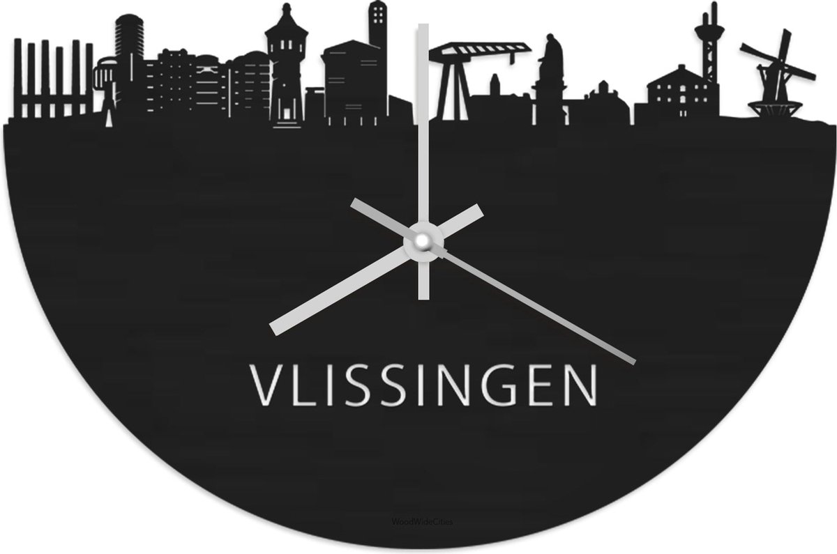 Skyline Klok Vlissingen Zwart hout - Ø 40 cm - Stil uurwerk - Wanddecoratie - Meer steden beschikbaar - Woonkamer idee - Woondecoratie - City Art - Steden kunst - Cadeau voor hem - Cadeau voor haar - Jubileum - Trouwerij - Housewarming -