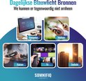 Afbeeldingen van dagelijkse blauw licht bronnen: computer, telefoon, gamen, TV en zonlicht.