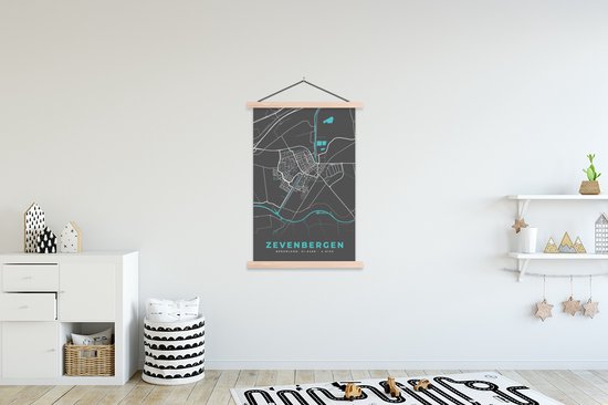 Posterhanger incl. Poster 120x180 cm - Schoolplaat - Kaart - Zevenbergen - Plattegrond - Stadskaart - Textielposter - Blanke latten - Plattegrond