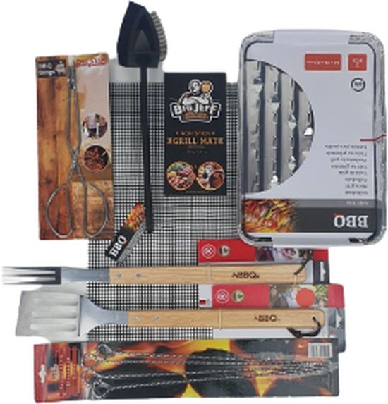 Barbecue pakket vaderdag - Multicolor - 7 Stuks - Vork / Spatel / Grillschaal / Grillmat / Tang / Spiezen / Schoonmaakborstel - Vaderdag - BBQ - Voor hem - Papadag - Zomer - Zomeravond